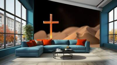 cross and candle, wooden cross on the sand with small lights at night Wall mural