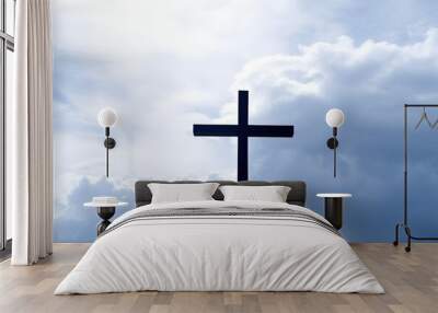 cross on the sky, cross on blue sky, silhouette of wooden cross in the sky Wall mural