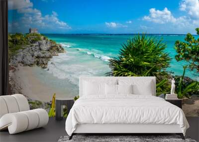 Huge Panorama of Tulum caribbean paradise and Mayan Ruins. Trave Wall mural