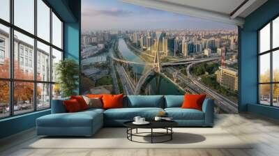 Aerial view of Octavio Frias de Oliveira Bridge (Ponte Estaiada) over Pinheiros River at sunset - Sao Paulo, Brazil Wall mural