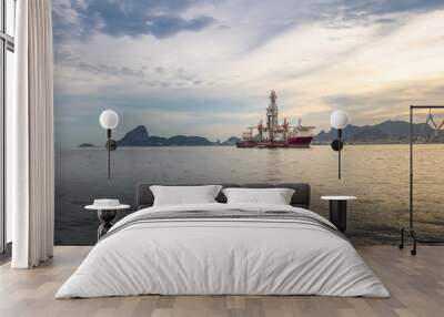 drillship at guanabara bay with sugar loaf and corcovado on background - rio de janeiro, brazil Wall mural