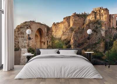 Panoramic view of Ronda Puente Nuevo Bridge at sunset - Ronda, Malaga Province, Andalusia, Spain Wall mural