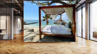 View of a relaxing gazebo in a tropical beach with turquoise water in Baru, Islas del Rosario, Cartagena de Indias, Colombia. Wall mural