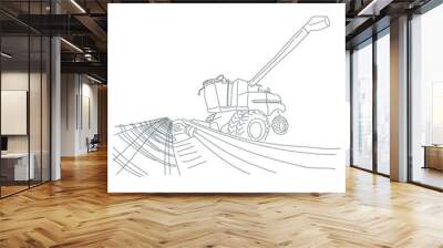 Tractor line art illustration. Harvester, combine hand drawn Wall mural