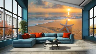 A stunning sunrise beach scene with a beautiful starfish and seashell on golden sand, complemented by calm waves and promise of an idyllic summer vacation Wall mural