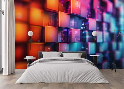 An abstract technological background featuring a vibrant array of square blocks, creating a dynamic and visually captivating display of modern innovation and digital creativity Wall mural