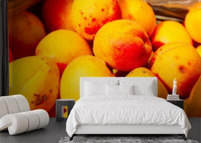 Cropped shot of apricot. Food concept. Summer background. Colorful fresh orange apricots. Ripe juicy apricot background. Wall mural