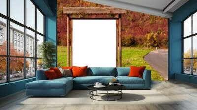 Blank white advertisement/annoucement board on the meadow. Sunny autumn day Wall mural