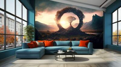 A beautiful fantasy landscape with a circular plant and a tree in the middle, generative ai Wall mural