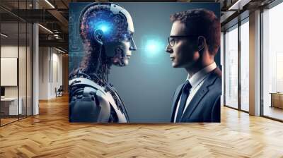 A business man standing in front of an AI robot, representing the future of work with the help of artificial intelligence, generative ai Wall mural