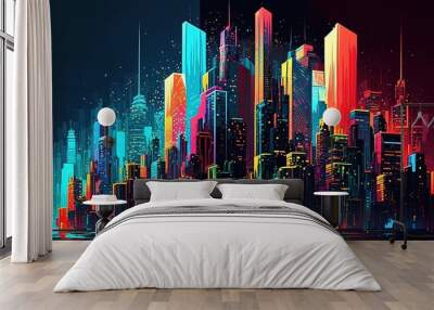 A colorful and vibrant abstract skyline of neon skyscrapers glowing at night, generative ai Wall mural