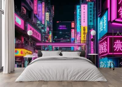 A colorful Tokyo style neon light mega city at night with neon signs, crowded, abstract anime style, generative ai Wall mural