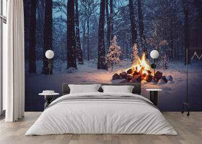 A cozy wooden campfire in a snowy forest, winter Wall mural