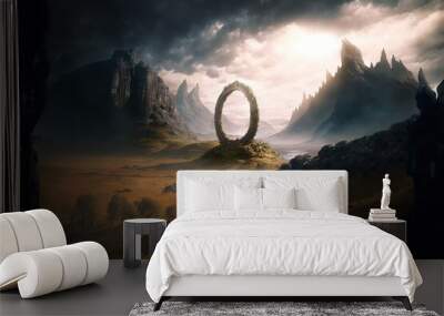 A fantasy landscape with a round rock and foggy mountains in the distance, generative ai Wall mural