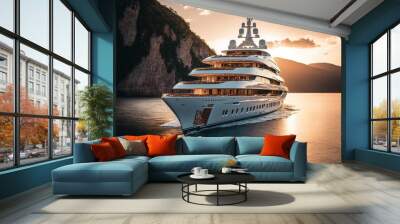 A luxury mega yacht with golden glass in the ocean at a sunset, generative ai Wall mural