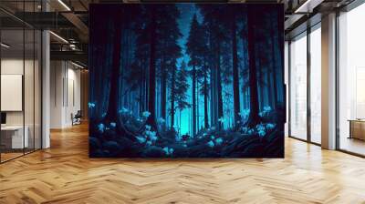 A mystical forest with blue lights at night, generative ai Wall mural