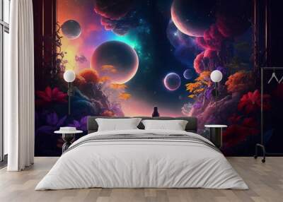 A silhouette of a woman standing on a tropical planet and gazing at the colorful galactic neon sky and different planets, generative ai Wall mural