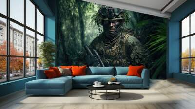 A Soldier in uniform standing in a green jungle with a weapon in his hands Wall mural