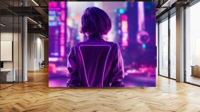 A Woman with short hair in an asian tokyo style cyberpunk city at night with neon lights Wall mural