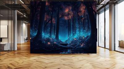 Mystical magical blue forest at night with glowing lights Wall mural