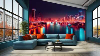 Night city skyline with neon lights and a reflective lake Wall mural