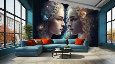 two beautiful goddesses looking at each other in a fantasy space environment, generative ai Wall mural