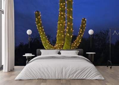 Saguaro cactus with christmas lights in Arizona Wall mural