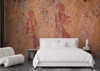 Ancient Bushman Rock Painting Art - Two Hunters or Warriors with Bow and Arrow Wall mural