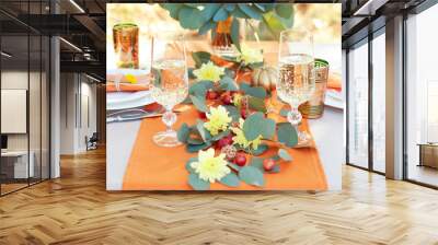 Exquisitely decorated table for two. Autumn themed table setting Wall mural