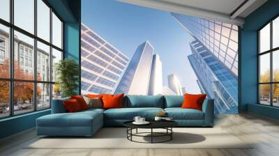 3d rendering of modern building or skyscraper and blue sky in city or downtown. That is real estate, property, house or residential. Concept for corporate, business center, finance and background. Wall mural