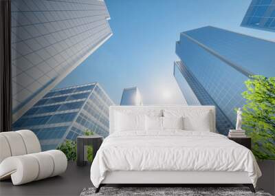 3d rendering of modern building or skyscraper in city. That is real estate, property, house or residential. Include tree, blue sky and sunlight. Concept for corporate, center of business and finance. Wall mural