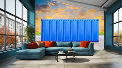 Cargo container or shipping container illustration design with sky background. Large metal box or intermodal freight transport equipment to storage goods for logistics, shipment and import export. Wall mural