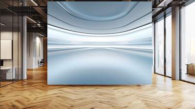 Empty space inside futuristic room, showroom, spaceship, hall or studio in perspective. Include ceiling, hidden light, white floor and abstract shape. Modern interior background of future, technology. Wall mural