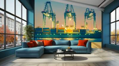 Gantry crane loading and unloading cargo container  from cargo ship at port to show global international logistics and transportation by cargo ship and cargo container, Logistic import export concept. Wall mural