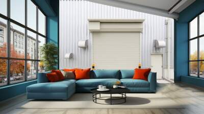 Roller door or roller shutter. Also called security door or security shutter with automatic system. For protection residential and commercial building i.e. house, warehouse, factory, shop and store. Wall mural