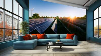 Solar farm or solar power plant consist of solar cell or photovoltaic cell in panel. That is sun business to generate electrical power or direct current electricity by light or sunlight. 3d render. Wall mural