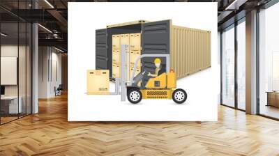 Vector of operator, driver or worker to handling box on pallet into storage or cargo container by forklift, equipment for logistic, shipping and delivery. Freight transport and distribution industry. Wall mural