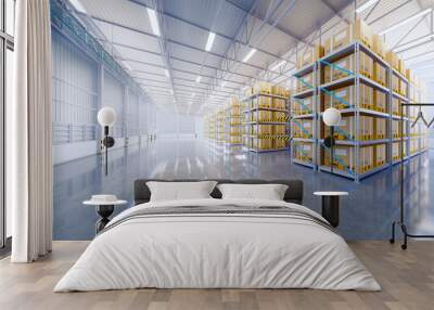 Warehouse or industry building interior. known as distribution center, retail warehouse. Part of storage and shipping system. Included box package on shelf, empty space and concrete floor. 3d render. Wall mural