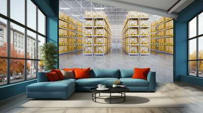 Warehouse or industry building interior. known as distribution center, retail warehouse. Part of storage and shipping system. Included box package on shelf, empty space and concrete floor. 3d render. Wall mural