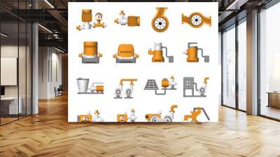 Water pump station icon. Consist of centrifugal, submersible and well pump. Powered by engine, hand and electric motor with solar energy. For produce flow and pressure to distribution or supply water. Wall mural