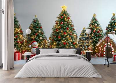 A charming display of Christmas trees adorned with red and gold ornaments, gifts, and a snowman, set on a snowy white backdrop. Wall mural