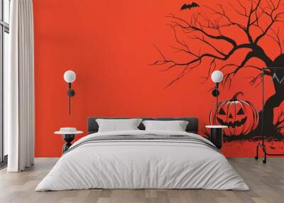 A jack-o-lantern under a bare tree on an orange background, with a bat flying in the sky, creating a minimalist Halloween scene. Wall mural