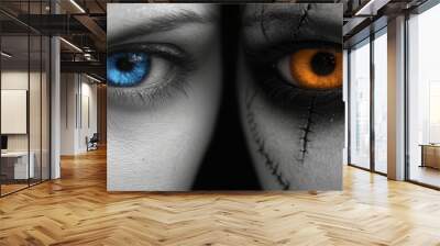 A striking contrast between two eyes—one glowing orange with a stitched look and the other icy blue, creating a chilling duality. Wall mural