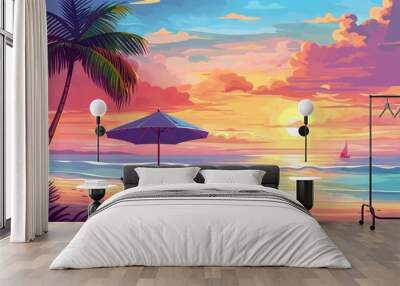 A tranquil beach scene at sunset with two lounge chairs under a straw umbrella facing the ocean. Palm trees and a vibrant sky with hues of orange, yellow, and blue add to the serene atmosphere Wall mural