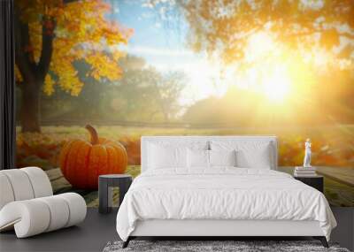 autumn wood table background Wall mural