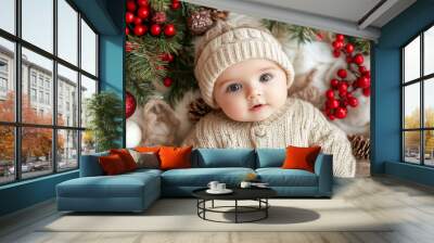 Baby in a cozy knit outfit surrounded by pine branches and festive red berries, capturing the warmth of the holiday season. Wall mural