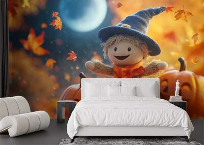 Background for Halloween cute straw scarecrow with pumpkin, in a witch's hat, autumn maple foliage. Orange background he style features soft colors and cartoon illustrations Wall mural