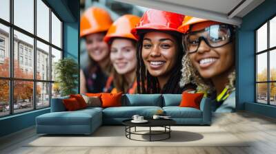 Beautiful young girl in work helmet concept for labor day in usa Wall mural