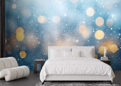 Blur snow blue background. Soft snowfall against a blurred blue background with glowing bokeh lights, creating a peaceful winter ambiance. Wall mural