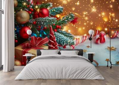 Christmas background with gifts box and decorative holiday decorations. Happy New Year and Merry Christmas Wall mural